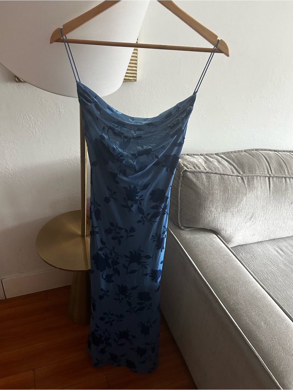 Y2K Velvet Burnout Blue Floral Whimsigoth Maxi Dress Gown Size S Fairy Draped